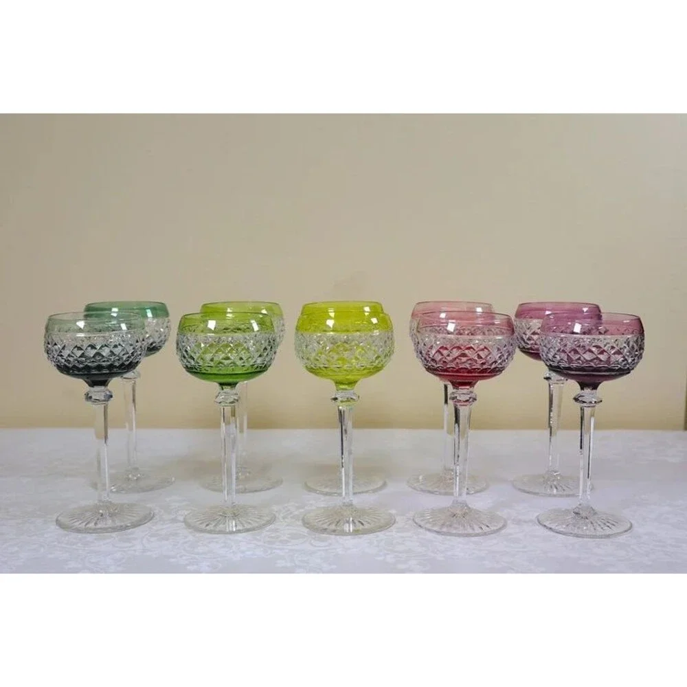 10x RARE Val Saint Lambert Attributed Rainbow Champagne Coupe Set - Diamond cut